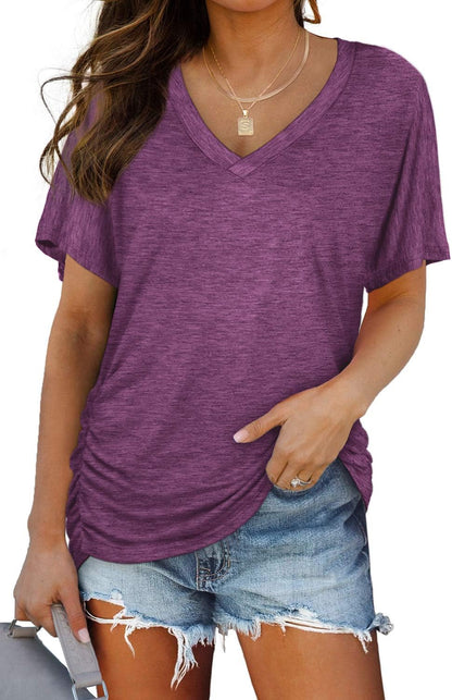 WIHOLL Womens Short Sleeve V Neck Dolman Tops with Side Shirring Loose Fit Shirts - 7DAY'S