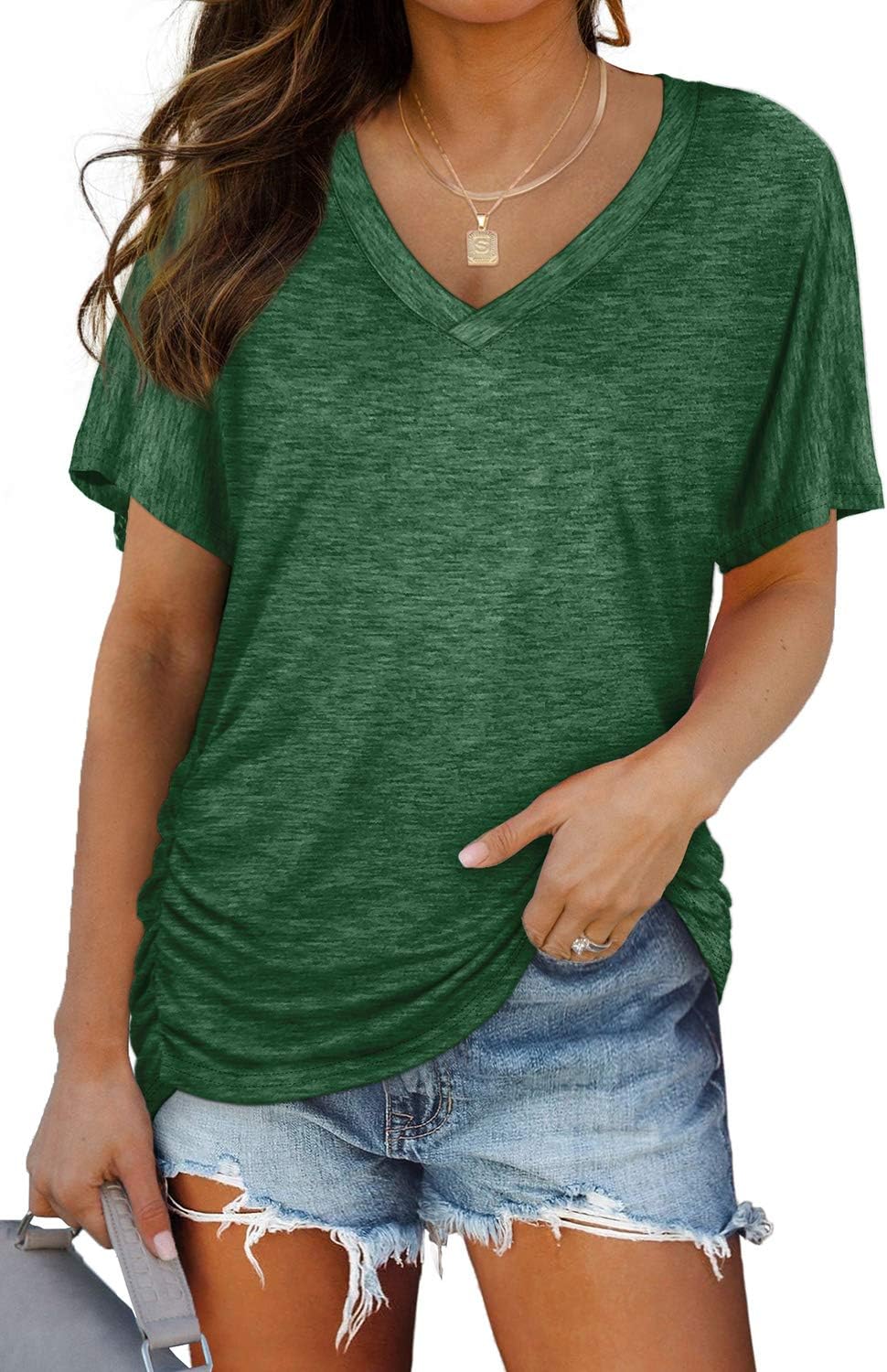 WIHOLL Womens Short Sleeve V Neck Dolman Tops with Side Shirring Loose Fit Shirts - 7DAY'S