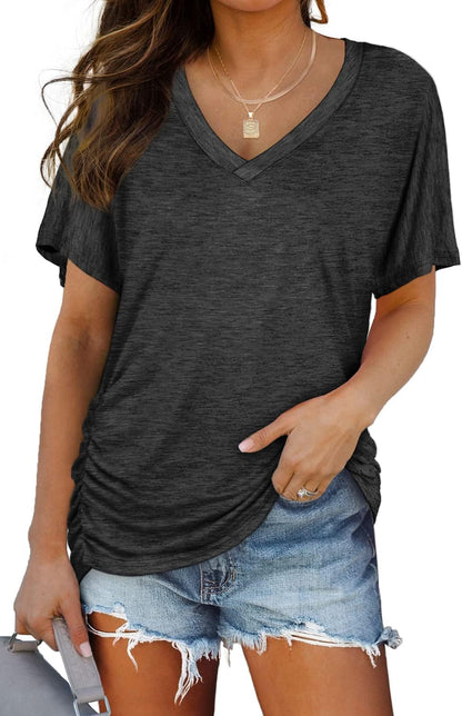 WIHOLL Womens Short Sleeve V Neck Dolman Tops with Side Shirring Loose Fit Shirts - 7DAY'S