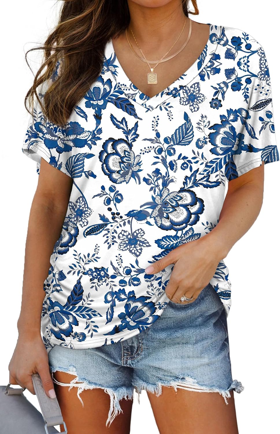 WIHOLL Womens Short Sleeve V Neck Dolman Tops with Side Shirring Loose Fit Shirts - 7DAY'S