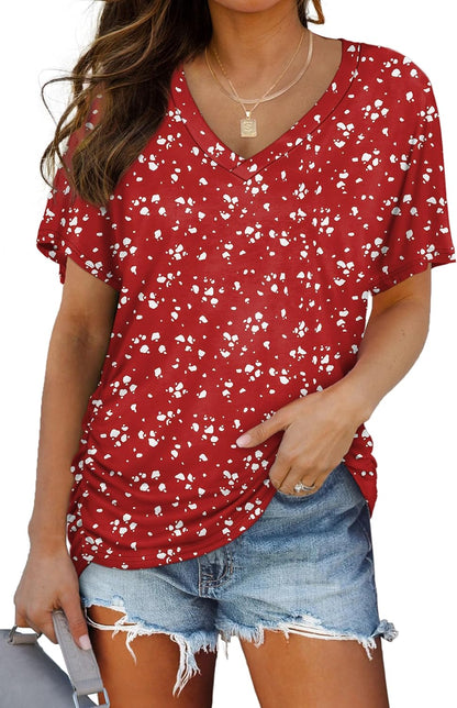WIHOLL Womens Short Sleeve V Neck Dolman Tops with Side Shirring Loose Fit Shirts - 7DAY'S