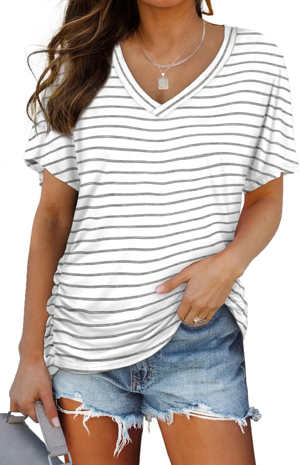 WIHOLL Womens Short Sleeve V Neck Dolman Tops with Side Shirring Loose Fit Shirts - 7DAY'S