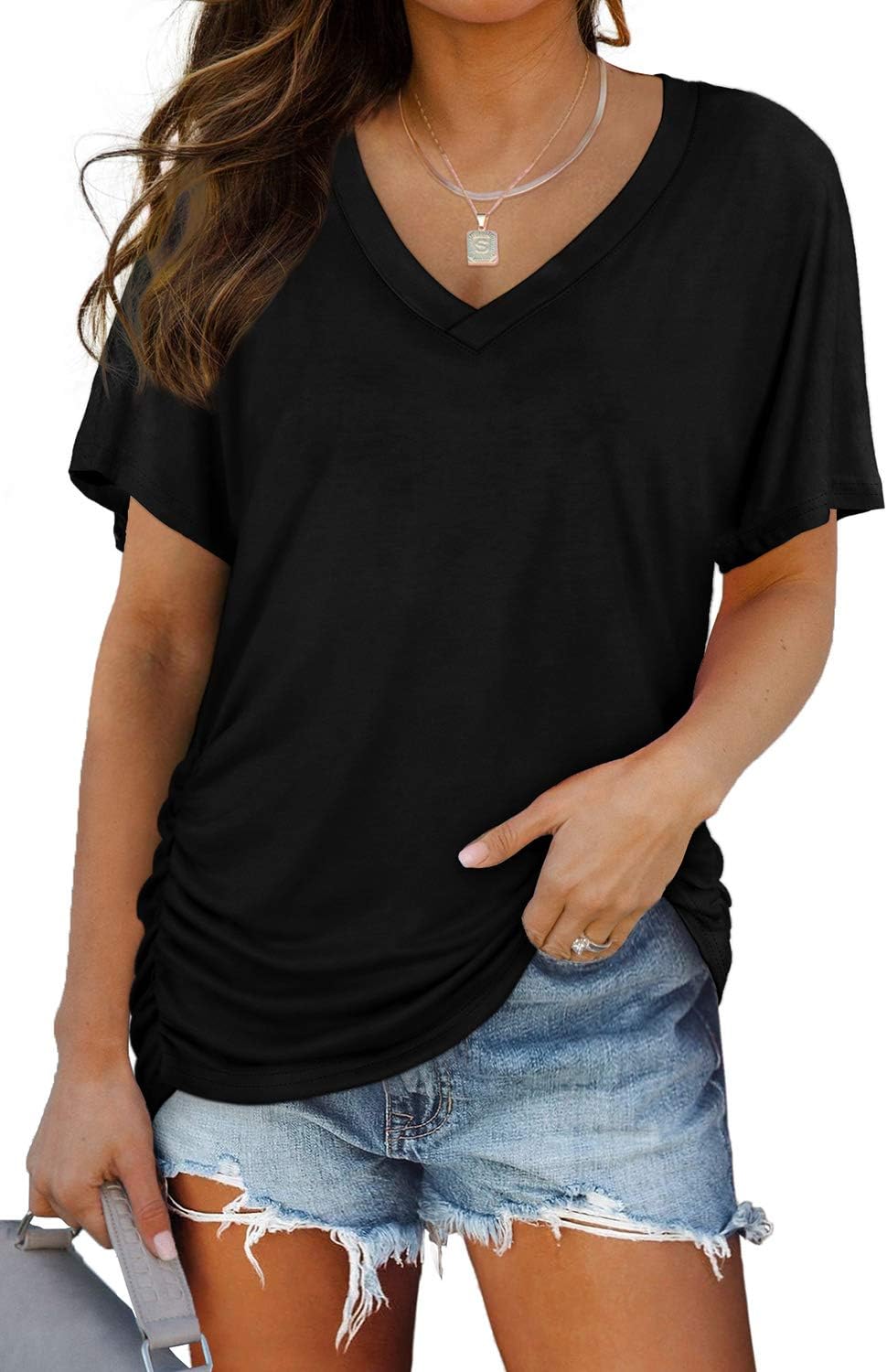 WIHOLL Womens Short Sleeve V Neck Dolman Tops with Side Shirring Loose Fit Shirts - 7DAY'S