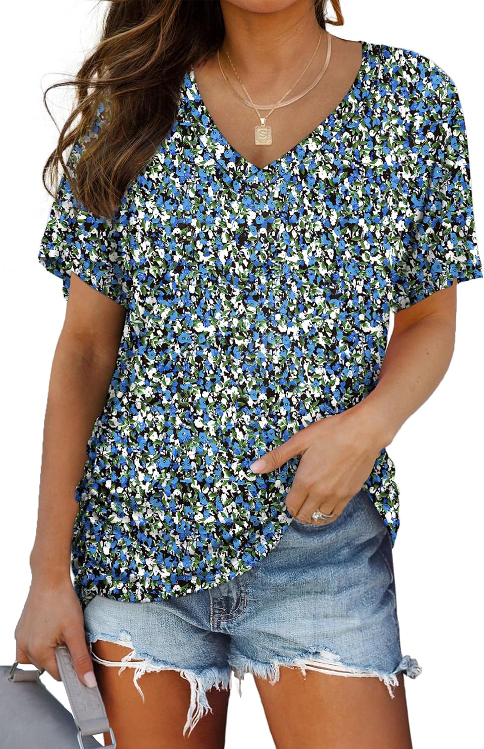 WIHOLL Womens Short Sleeve V Neck Dolman Tops with Side Shirring Loose Fit Shirts - 7DAY'S