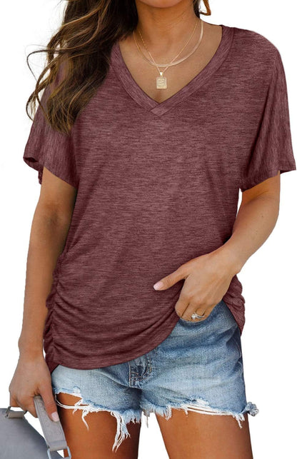 WIHOLL Womens Short Sleeve V Neck Dolman Tops with Side Shirring Loose Fit Shirts - 7DAY'S