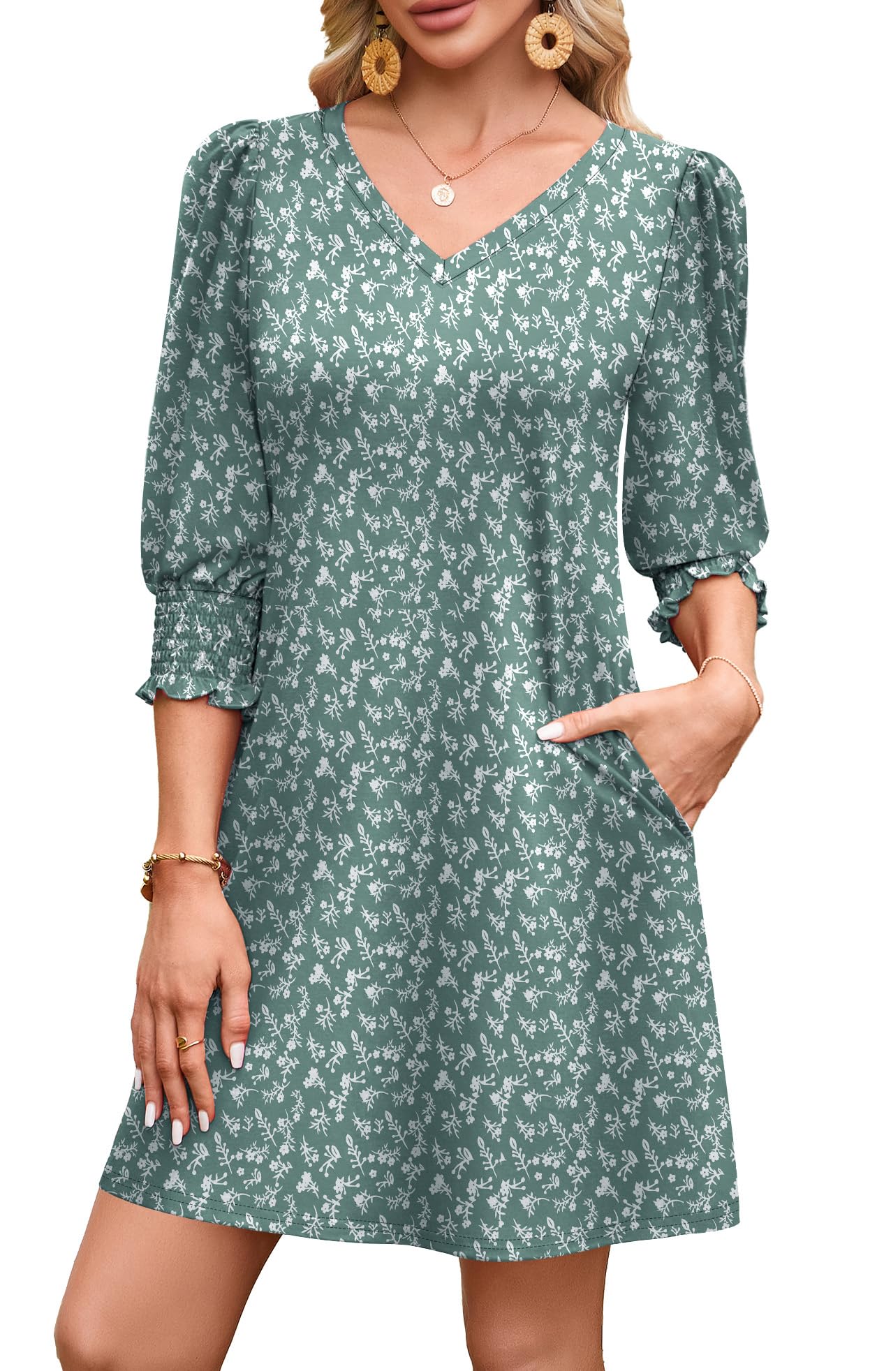 WIHOLL Women's Summer Dresses 3/4 Puff Sleeve Casual Sundress Dress with Pockets Beach Vacation 2025 Fashion - 7DAY'S