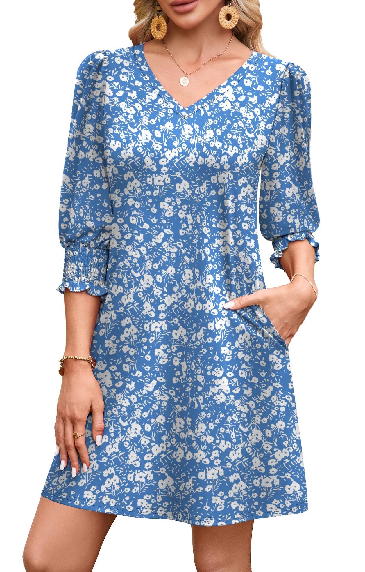 WIHOLL Women's Summer Dresses 3/4 Puff Sleeve Casual Sundress Dress with Pockets Beach Vacation 2025 Fashion - 7DAY'S