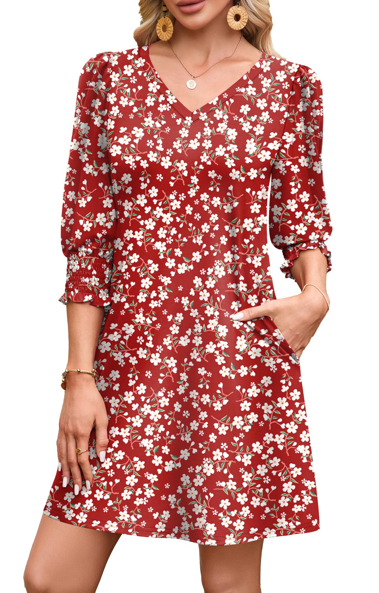 WIHOLL Women's Summer Dresses 3/4 Puff Sleeve Casual Sundress Dress with Pockets Beach Vacation 2025 Fashion - 7DAY'S