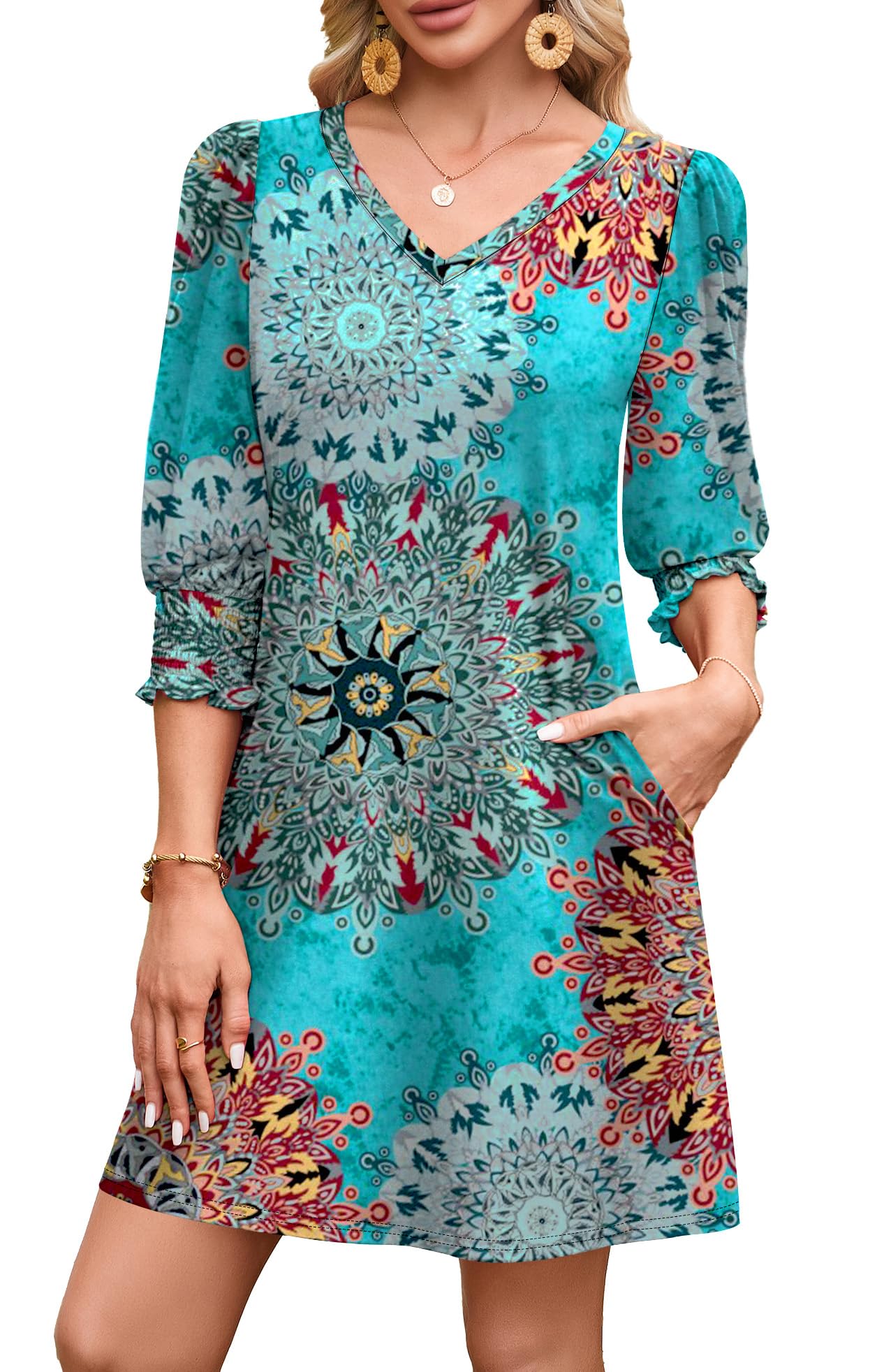 WIHOLL Women's Summer Dresses 3/4 Puff Sleeve Casual Sundress Dress with Pockets Beach Vacation 2025 Fashion - 7DAY'S