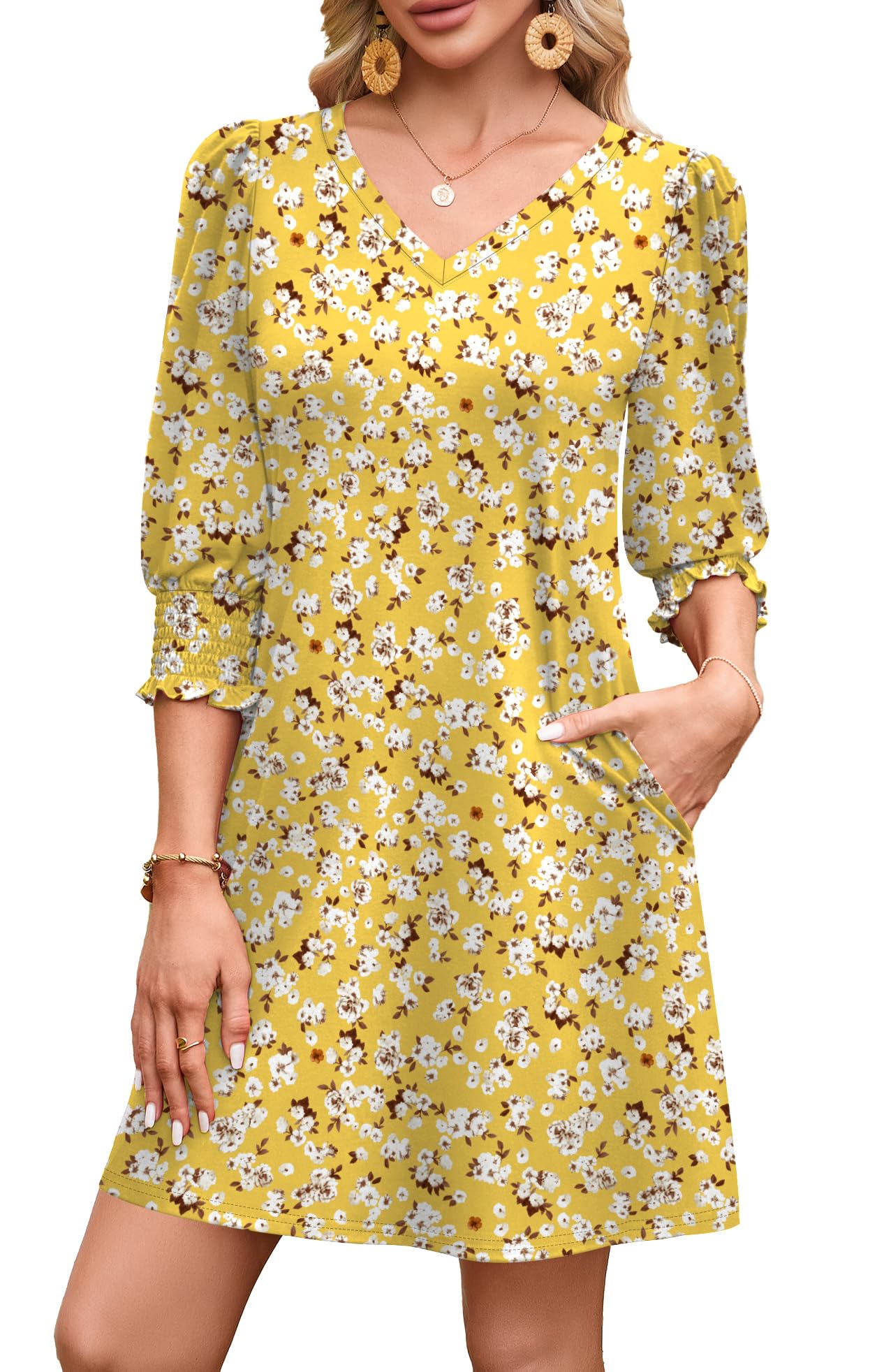 WIHOLL Women's Summer Dresses 3/4 Puff Sleeve Casual Sundress Dress with Pockets Beach Vacation 2025 Fashion - 7DAY'S