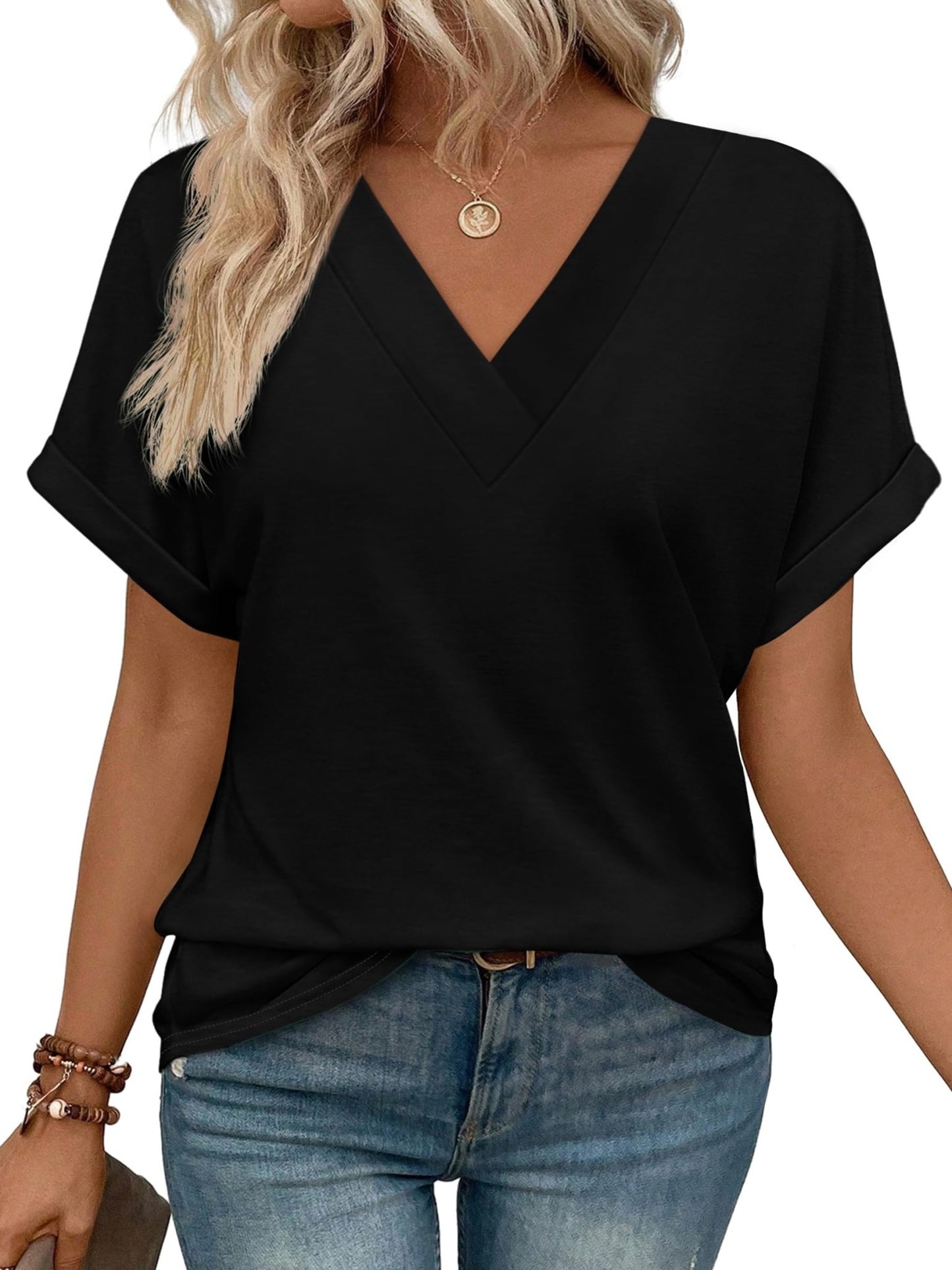WIHOLL Womens Summer Tops Short Dolman Sleeve Shirts 2025 Fashion V Neck Outfits Clothes - 7DAY'S