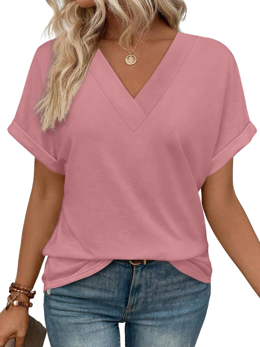 WIHOLL Womens Summer Tops Short Dolman Sleeve Shirts 2025 Fashion V Neck Outfits Clothes - 7DAY'S