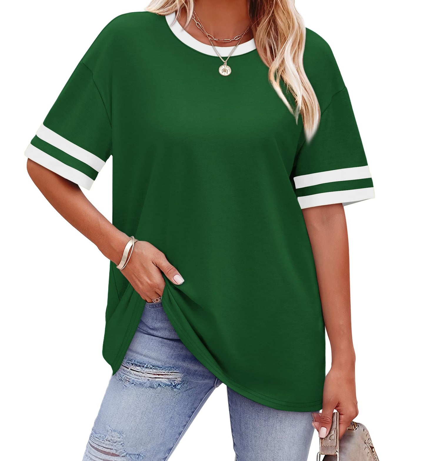 WIHOLL Womens T Shirts Loose Fit Short Sleeve Tees Crew Neck Color Block Summer Tops 2025 Fashion - 7DAY'S