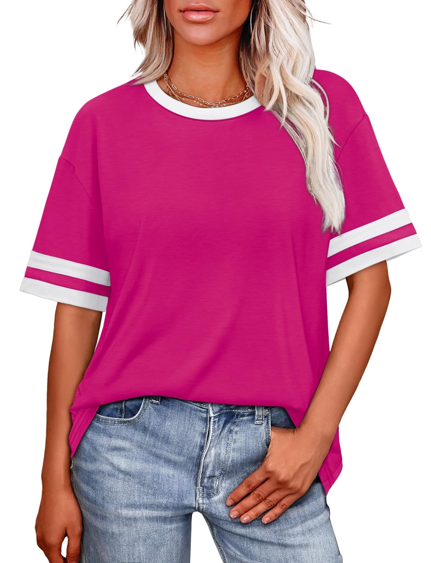 WIHOLL Womens T Shirts Loose Fit Short Sleeve Tees Crew Neck Color Block Summer Tops 2025 Fashion - 7DAY'S