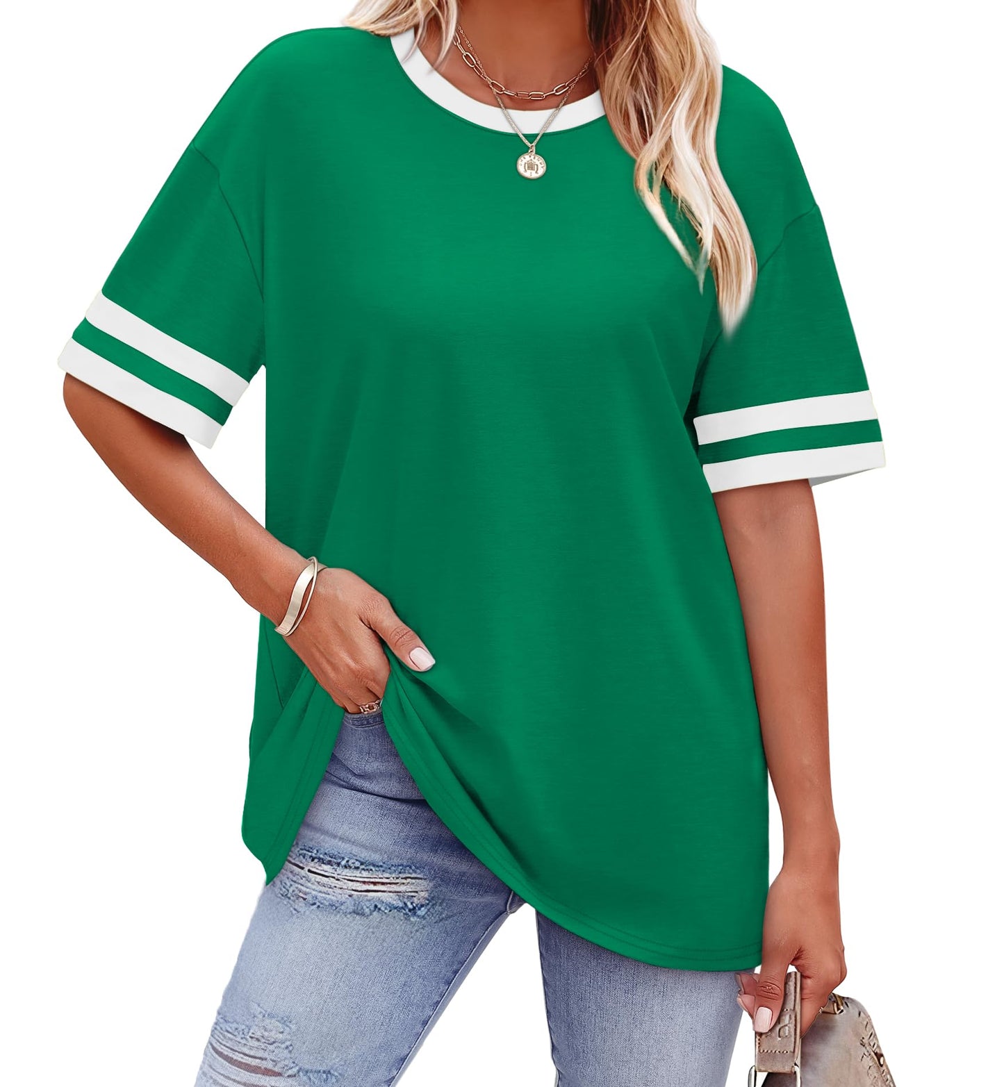 WIHOLL Womens T Shirts Loose Fit Short Sleeve Tees Crew Neck Color Block Summer Tops 2025 Fashion - 7DAY'S