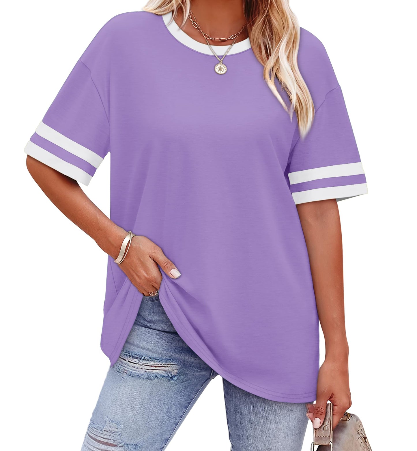 WIHOLL Womens T Shirts Loose Fit Short Sleeve Tees Crew Neck Color Block Summer Tops 2025 Fashion - 7DAY'S