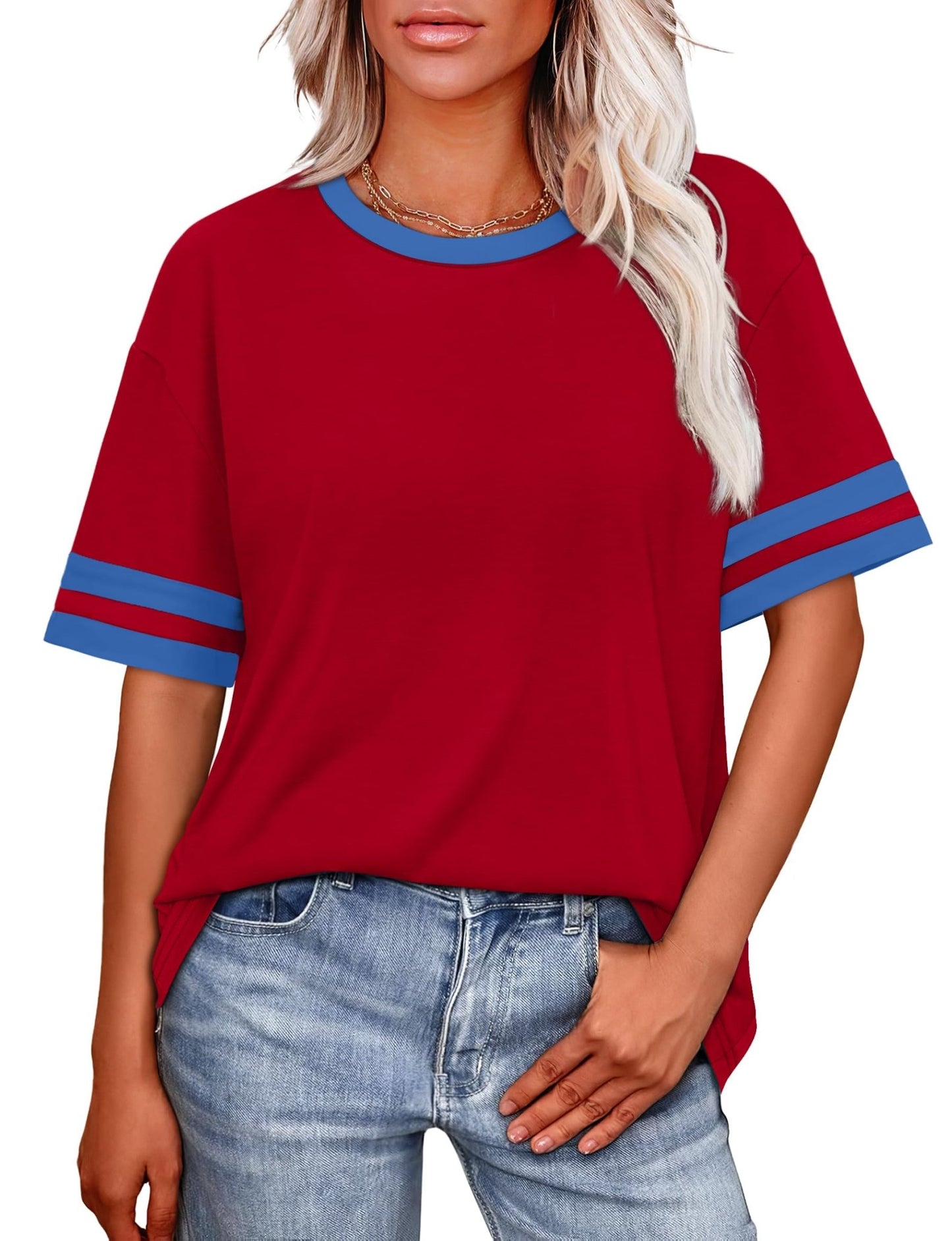 WIHOLL Womens T Shirts Loose Fit Short Sleeve Tees Crew Neck Color Block Summer Tops 2025 Fashion - 7DAY'S