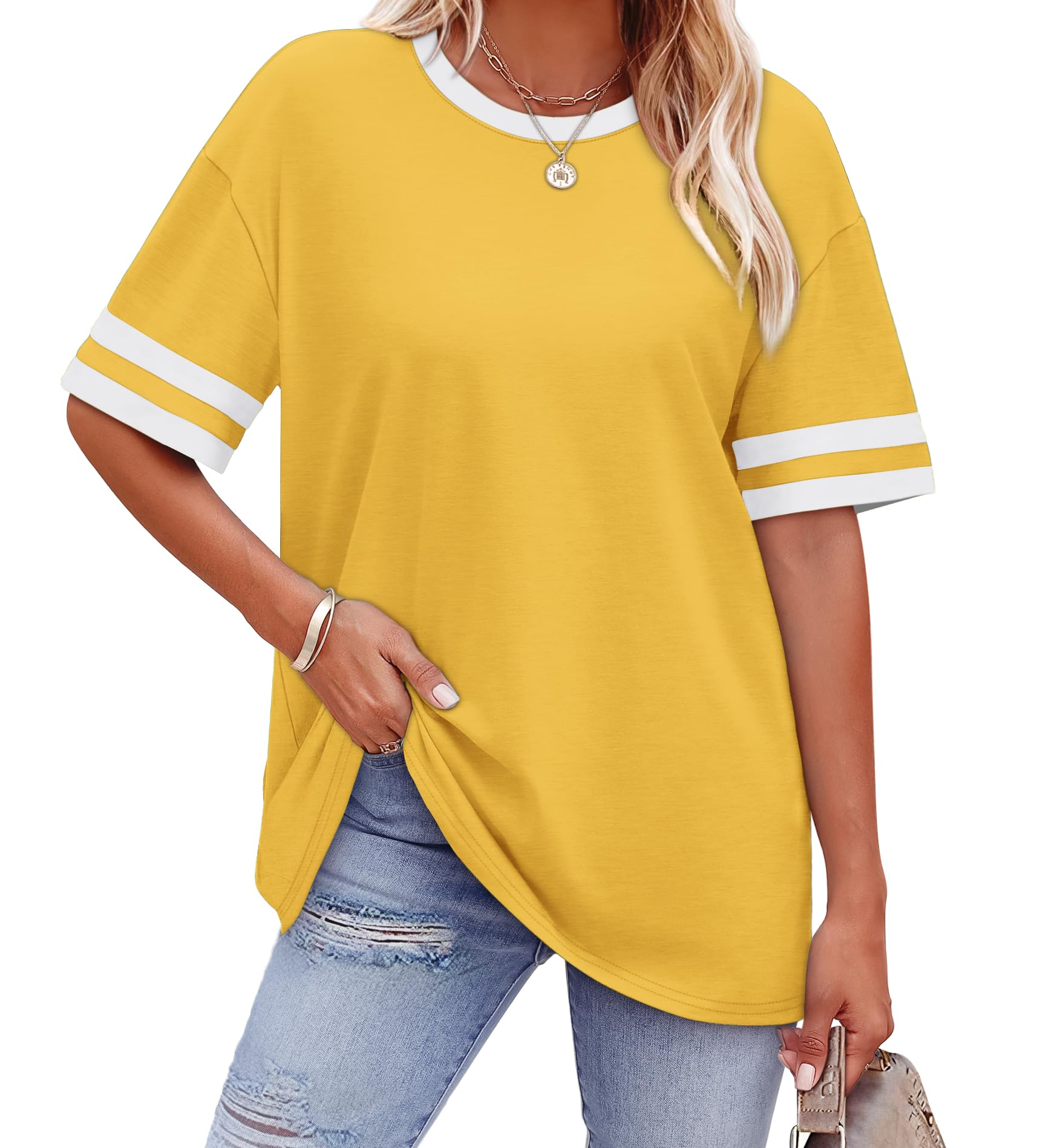 WIHOLL Womens T Shirts Loose Fit Short Sleeve Tees Crew Neck Color Block Summer Tops 2025 Fashion - 7DAY'S
