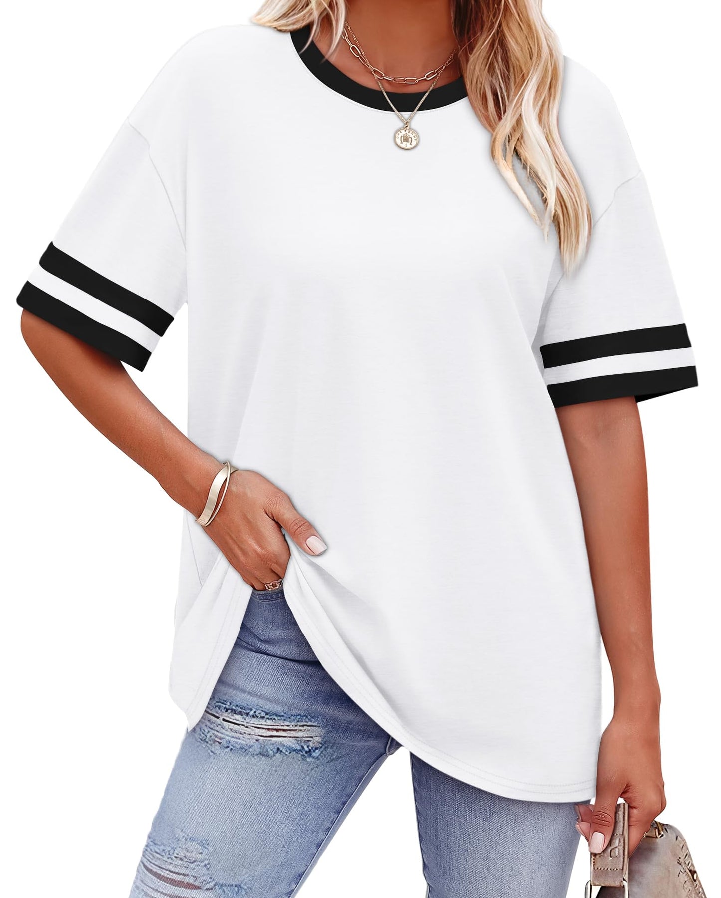 WIHOLL Womens T Shirts Loose Fit Short Sleeve Tees Crew Neck Color Block Summer Tops 2025 Fashion - 7DAY'S