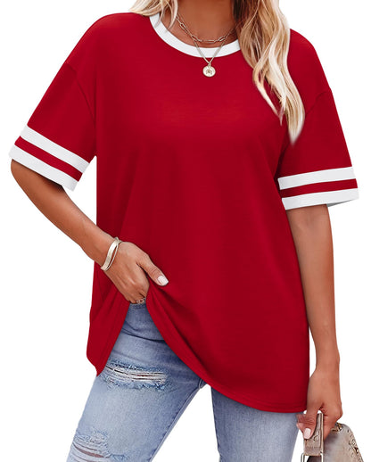 WIHOLL Womens T Shirts Loose Fit Short Sleeve Tees Crew Neck Color Block Summer Tops 2025 Fashion - 7DAY'S