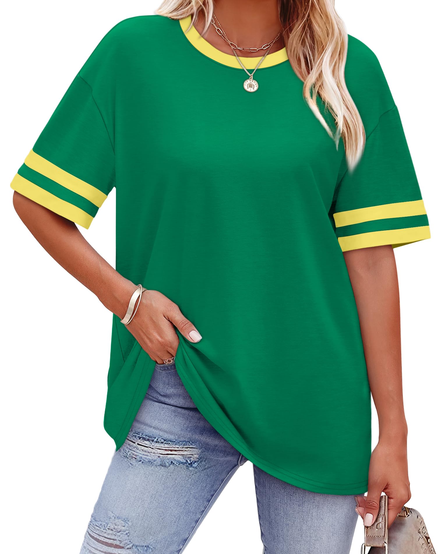 WIHOLL Womens T Shirts Loose Fit Short Sleeve Tees Crew Neck Color Block Summer Tops 2025 Fashion - 7DAY'S