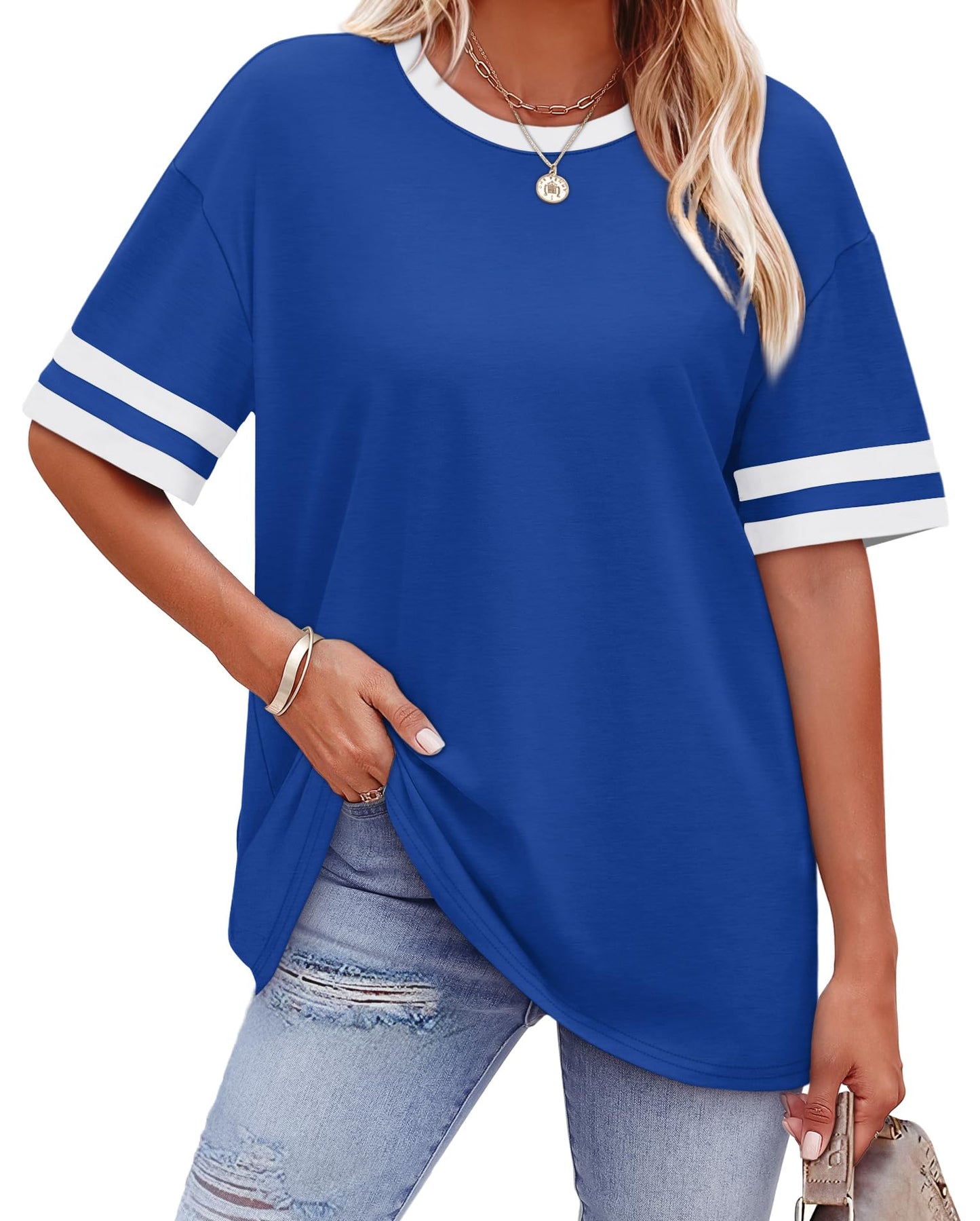 WIHOLL Womens T Shirts Loose Fit Short Sleeve Tees Crew Neck Color Block Summer Tops 2025 Fashion - 7DAY'S