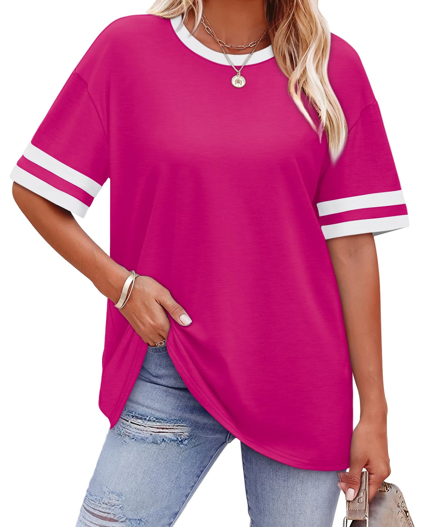 WIHOLL Womens T Shirts Loose Fit Short Sleeve Tees Crew Neck Color Block Summer Tops 2025 Fashion - 7DAY'S