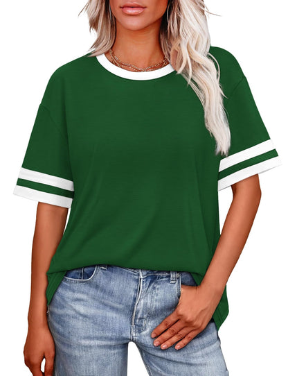 WIHOLL Womens T Shirts Loose Fit Short Sleeve Tees Crew Neck Color Block Summer Tops 2025 Fashion - 7DAY'S
