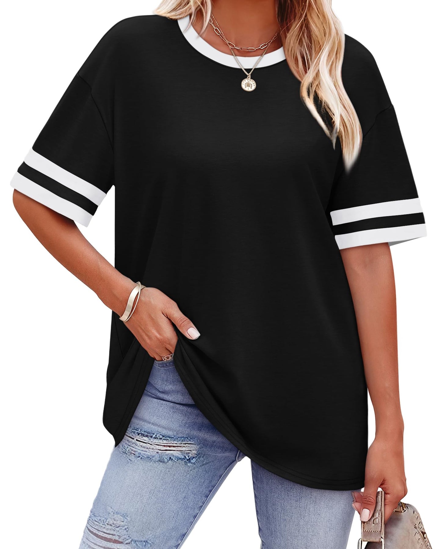 WIHOLL Womens T Shirts Loose Fit Short Sleeve Tees Crew Neck Color Block Summer Tops 2025 Fashion - 7DAY'S