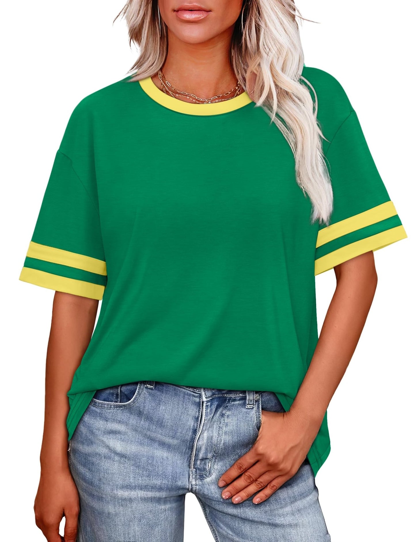 WIHOLL Womens T Shirts Loose Fit Short Sleeve Tees Crew Neck Color Block Summer Tops 2025 Fashion - 7DAY'S