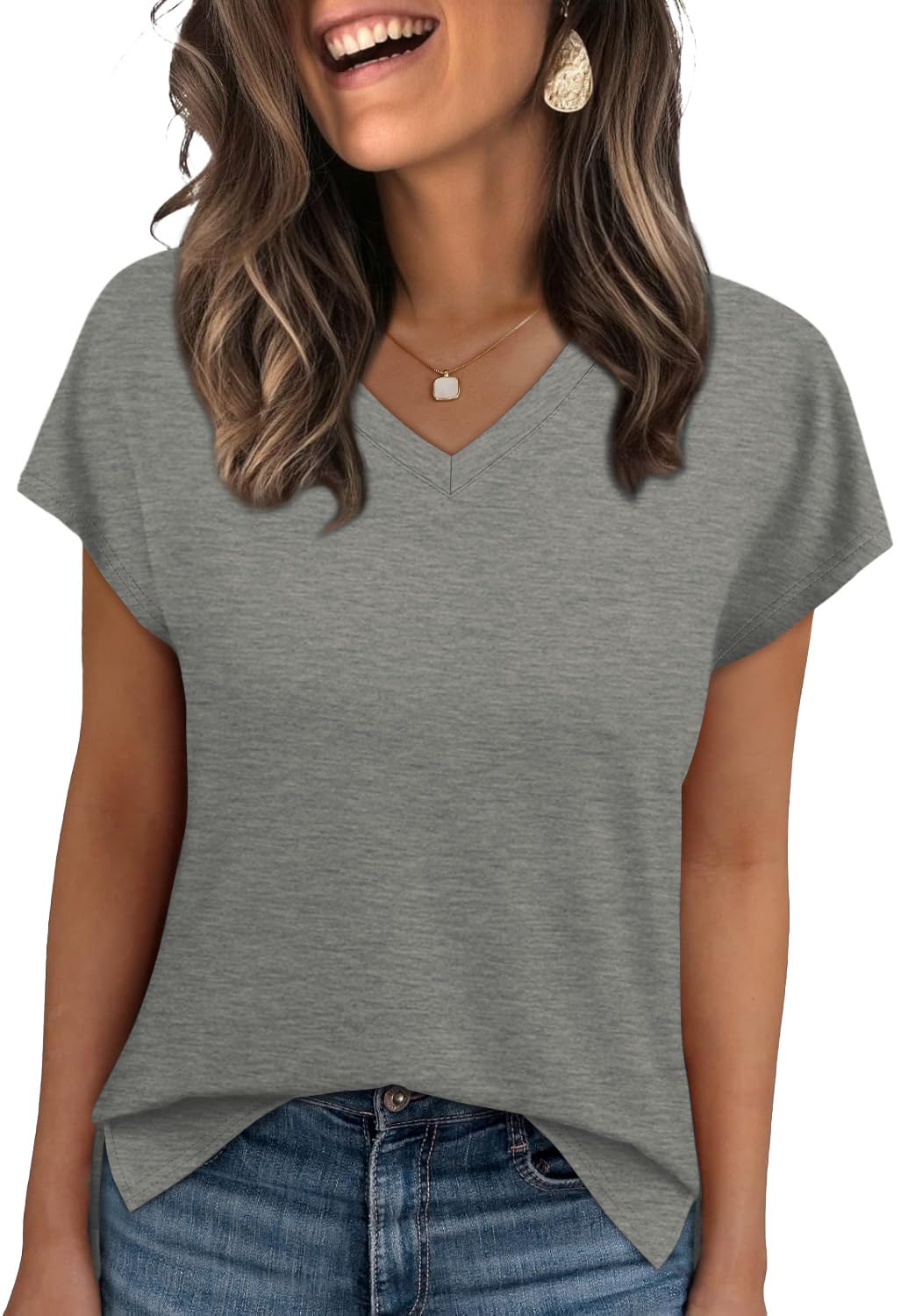 WIHOLL Womens Tops Basic Summer V Neck T Shirts Short Sleeve Dressy Casual Loose Fit Cute Tee Clothes Trendy Fashion Outfits - 7DAY'S