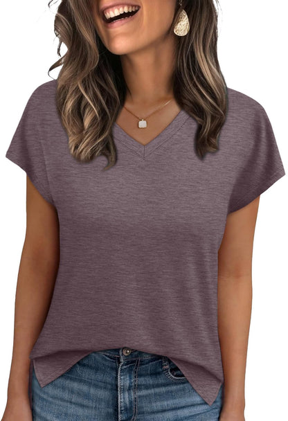 WIHOLL Womens Tops Basic Summer V Neck T Shirts Short Sleeve Dressy Casual Loose Fit Cute Tee Clothes Trendy Fashion Outfits - 7DAY'S