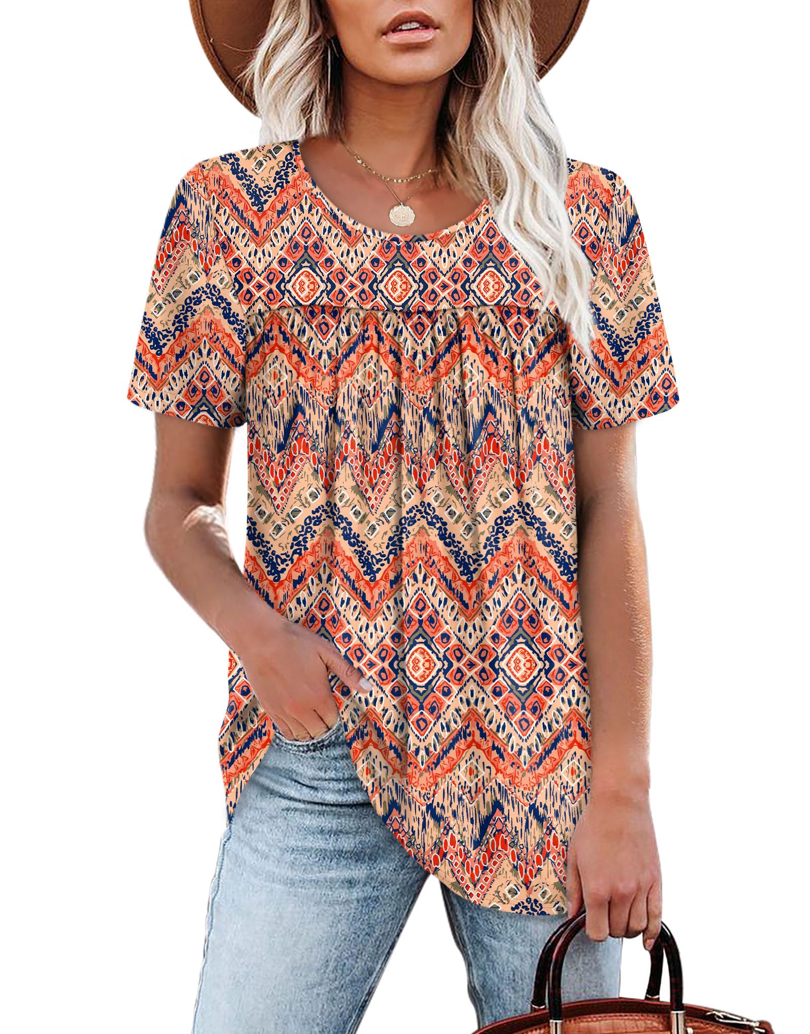 WIHOLL Womens Tops Short Sleeve T Shirts Pleated Dressy Casual Round Neck Summer Clothes Outfits Blouses Loose Fit - 7DAY'S