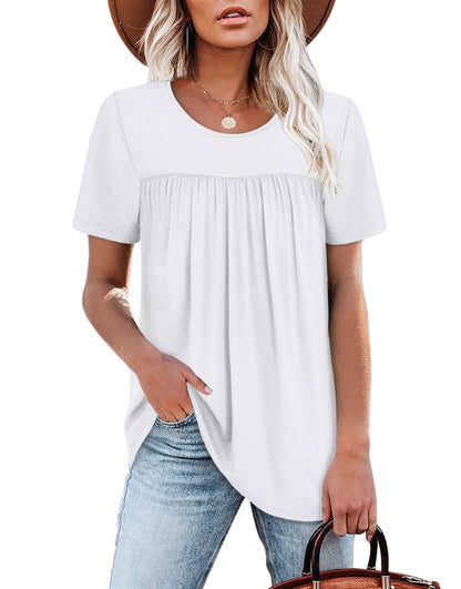 WIHOLL Womens Tops Short Sleeve T Shirts Pleated Dressy Casual Round Neck Summer Clothes Outfits Blouses Loose Fit - 7DAY'S