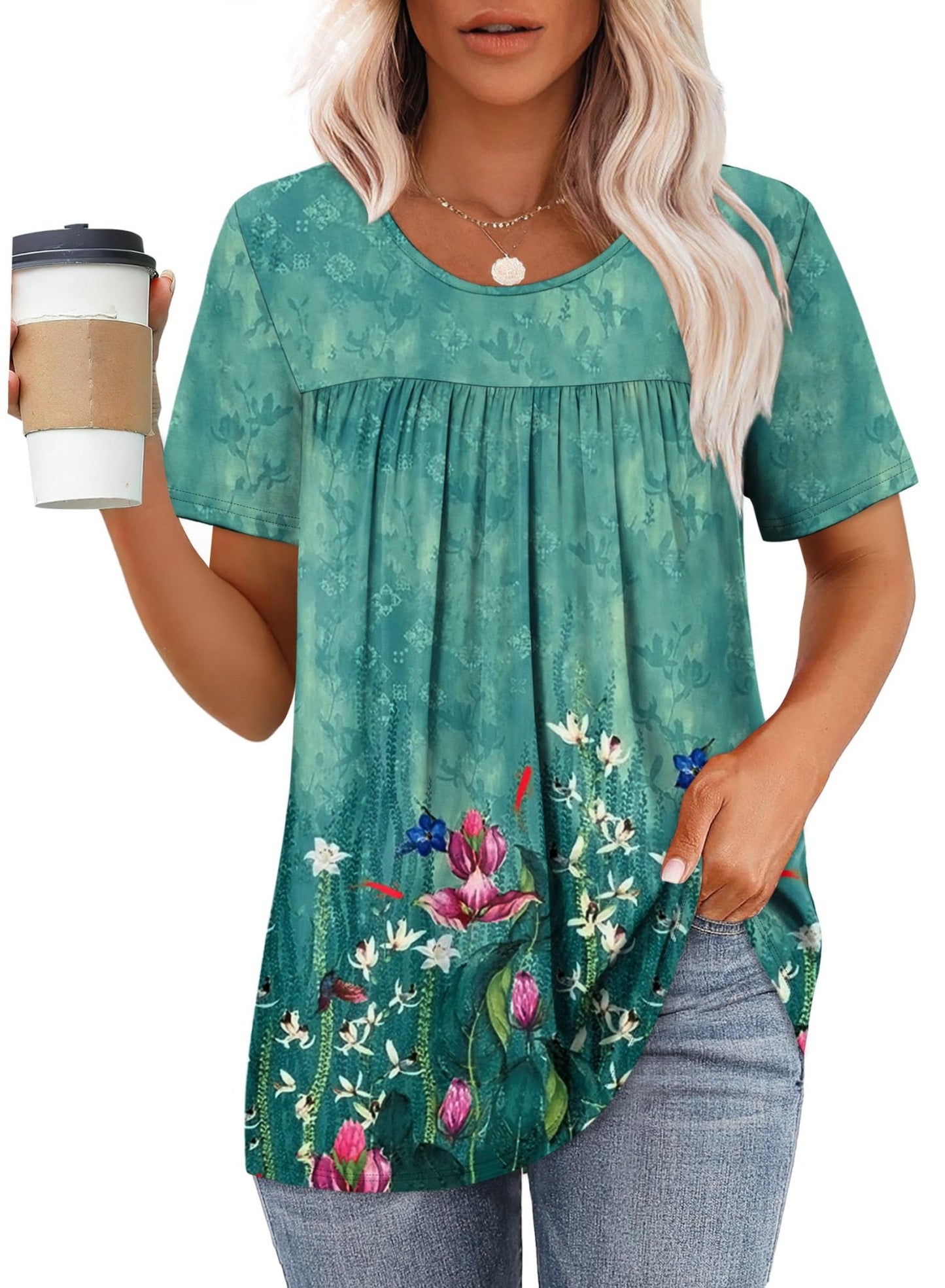 WIHOLL Womens Tops Short Sleeve T Shirts Pleated Dressy Casual Round Neck Summer Clothes Outfits Blouses Loose Fit - 7DAY'S