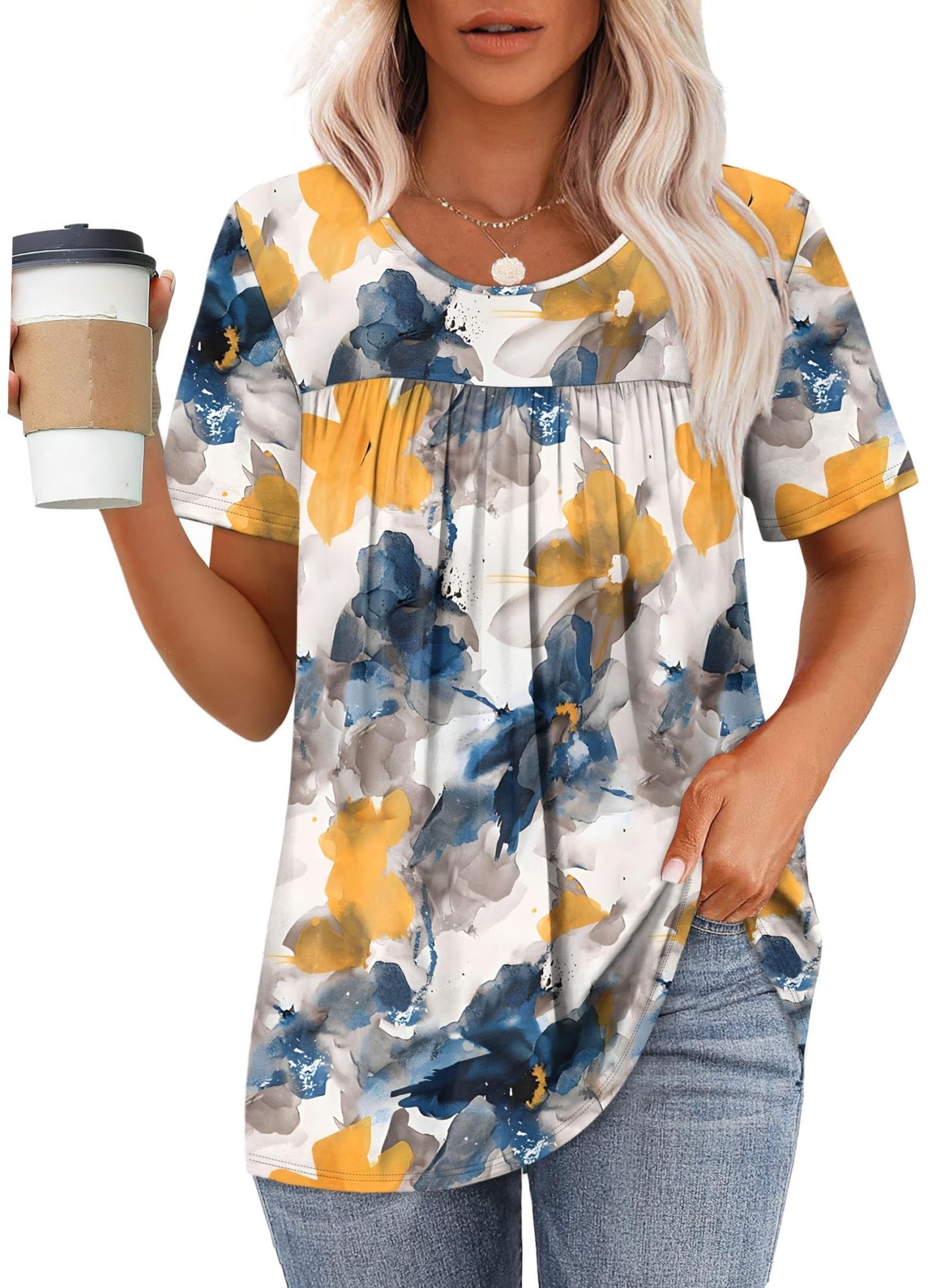 WIHOLL Womens Tops Short Sleeve T Shirts Pleated Dressy Casual Round Neck Summer Clothes Outfits Blouses Loose Fit - 7DAY'S
