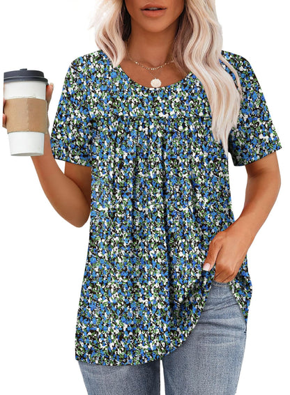 WIHOLL Womens Tops Short Sleeve T Shirts Pleated Dressy Casual Round Neck Summer Clothes Outfits Blouses Loose Fit - 7DAY'S