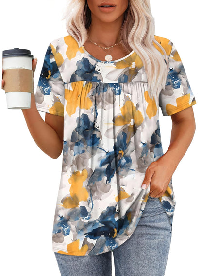 WIHOLL Womens Tops Short Sleeve T Shirts Pleated Dressy Casual Round Neck Summer Clothes Outfits Blouses Loose Fit - 7DAY'S