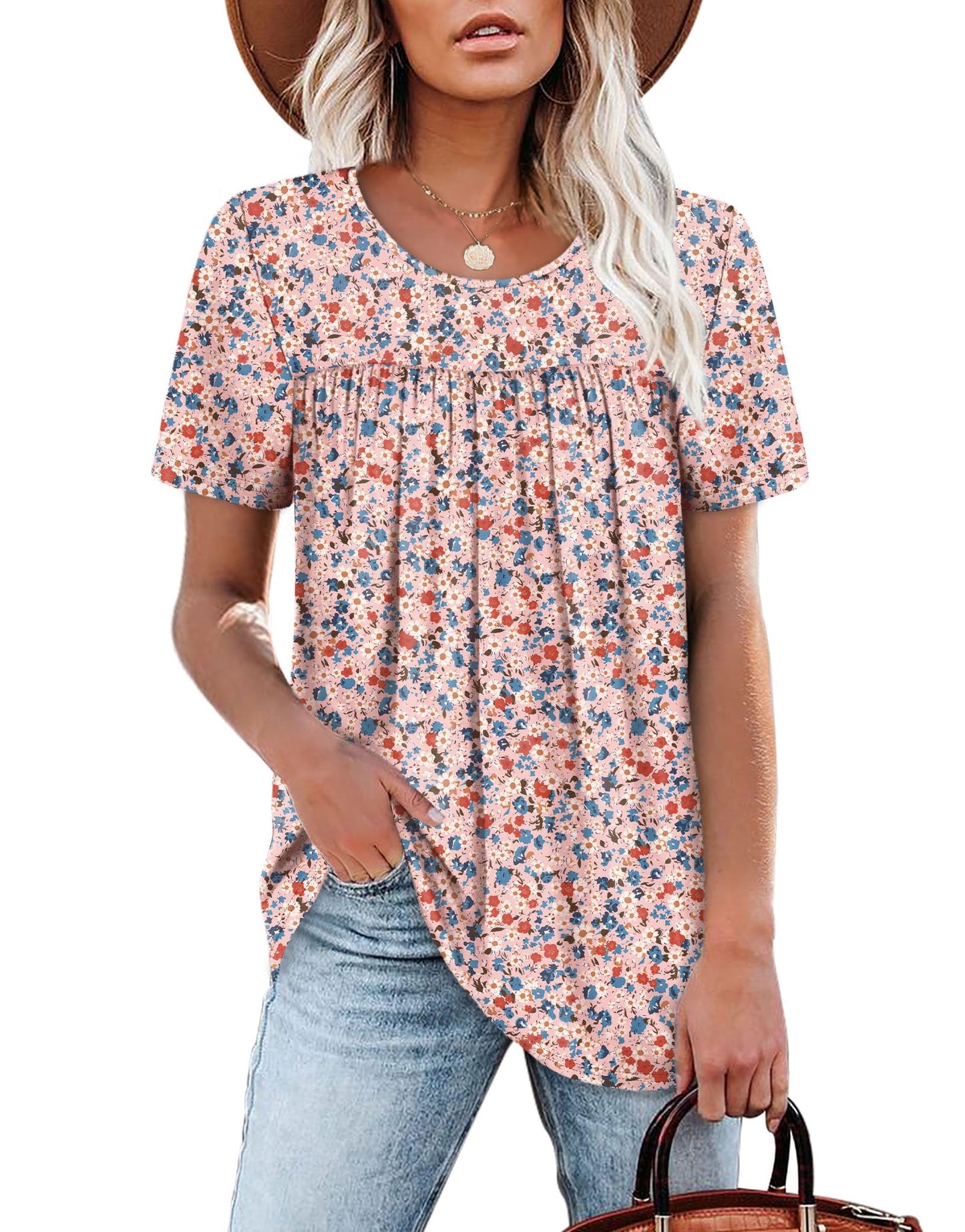 WIHOLL Womens Tops Short Sleeve T Shirts Pleated Dressy Casual Round Neck Summer Clothes Outfits Blouses Loose Fit - 7DAY'S