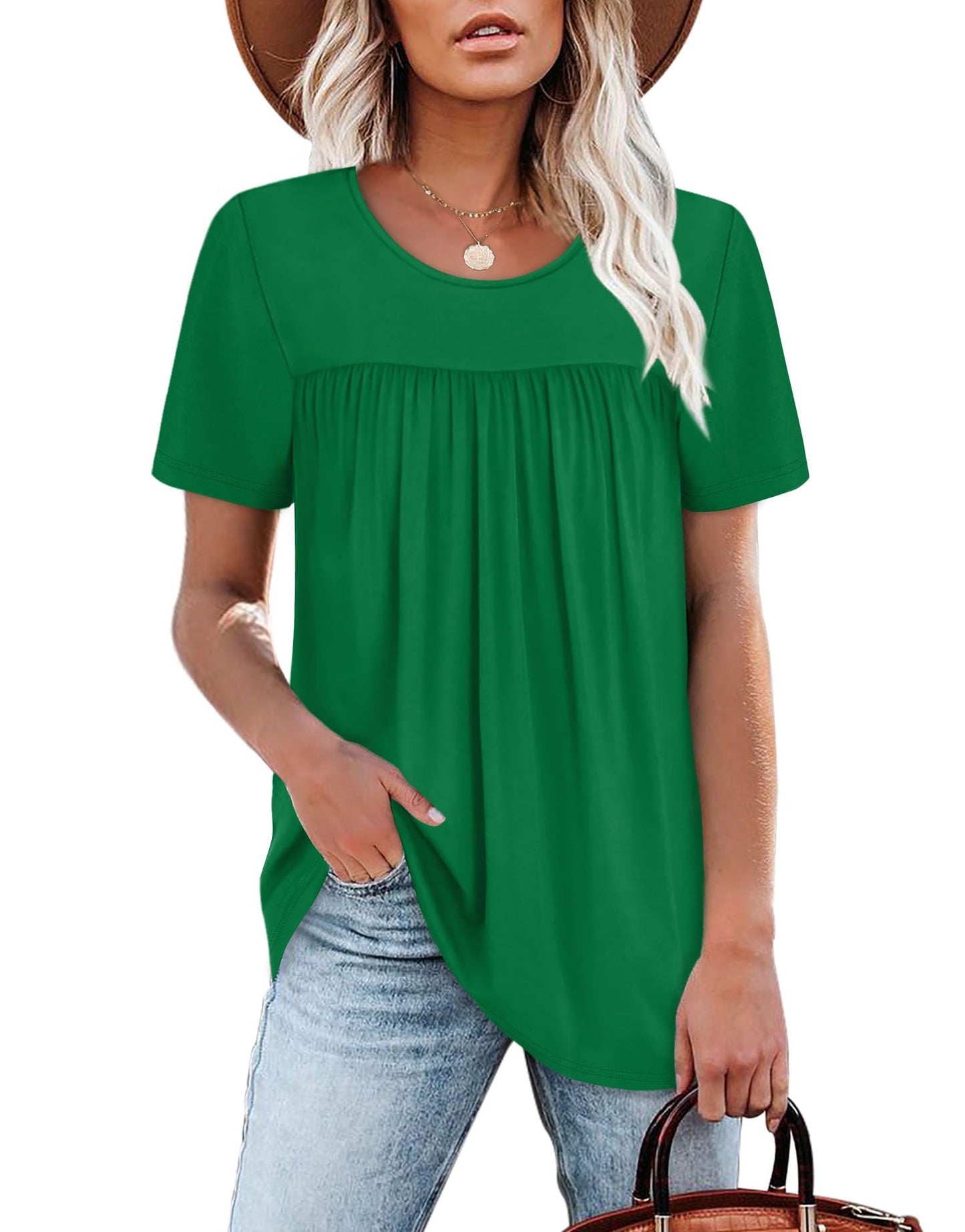 WIHOLL Womens Tops Short Sleeve T Shirts Pleated Dressy Casual Round Neck Summer Clothes Outfits Blouses Loose Fit - 7DAY'S