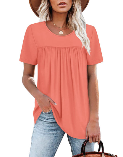 WIHOLL Womens Tops Short Sleeve T Shirts Pleated Dressy Casual Round Neck Summer Clothes Outfits Blouses Loose Fit - 7DAY'S