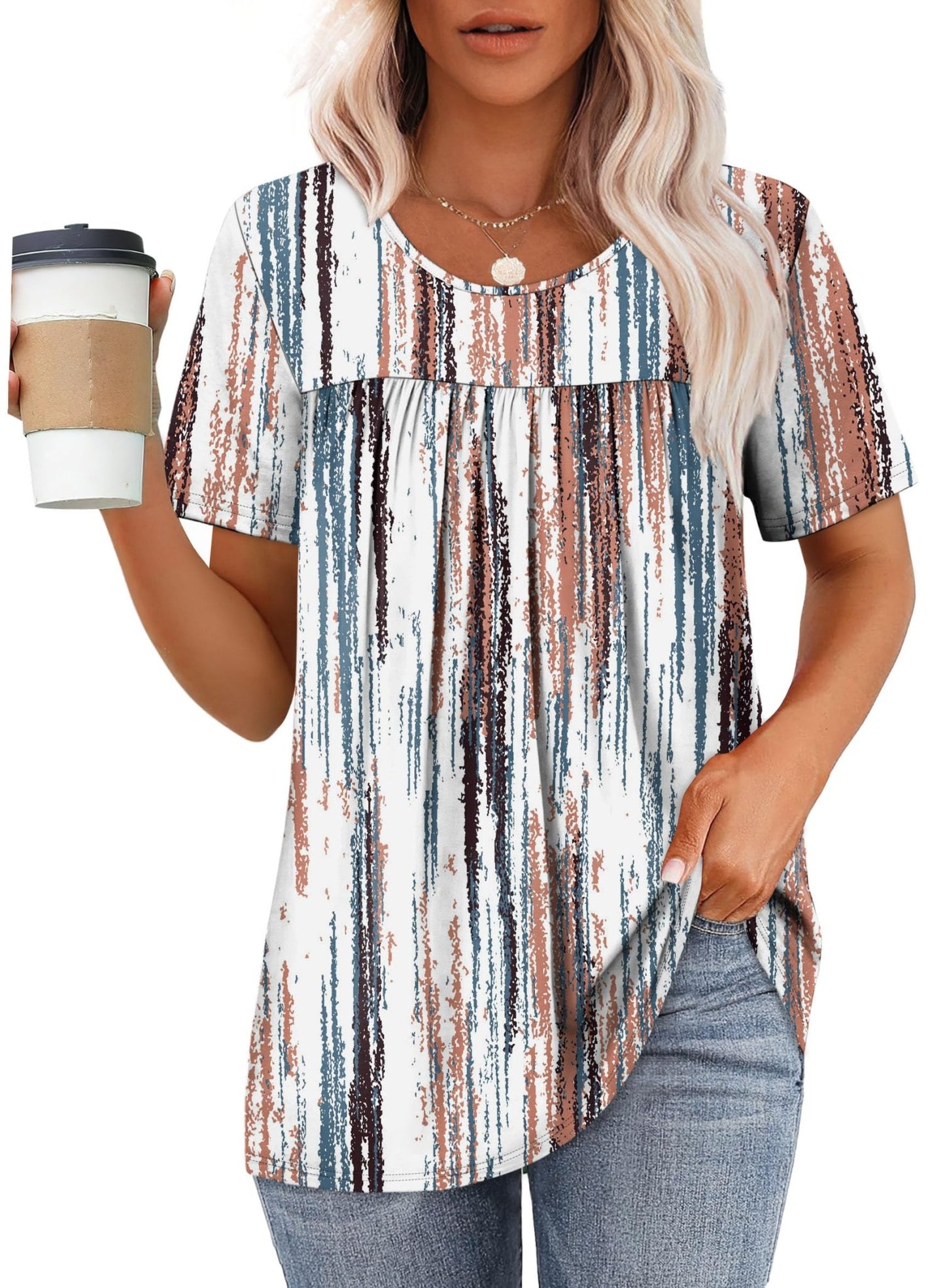 WIHOLL Womens Tops Short Sleeve T Shirts Pleated Dressy Casual Round Neck Summer Clothes Outfits Blouses Loose Fit - 7DAY'S
