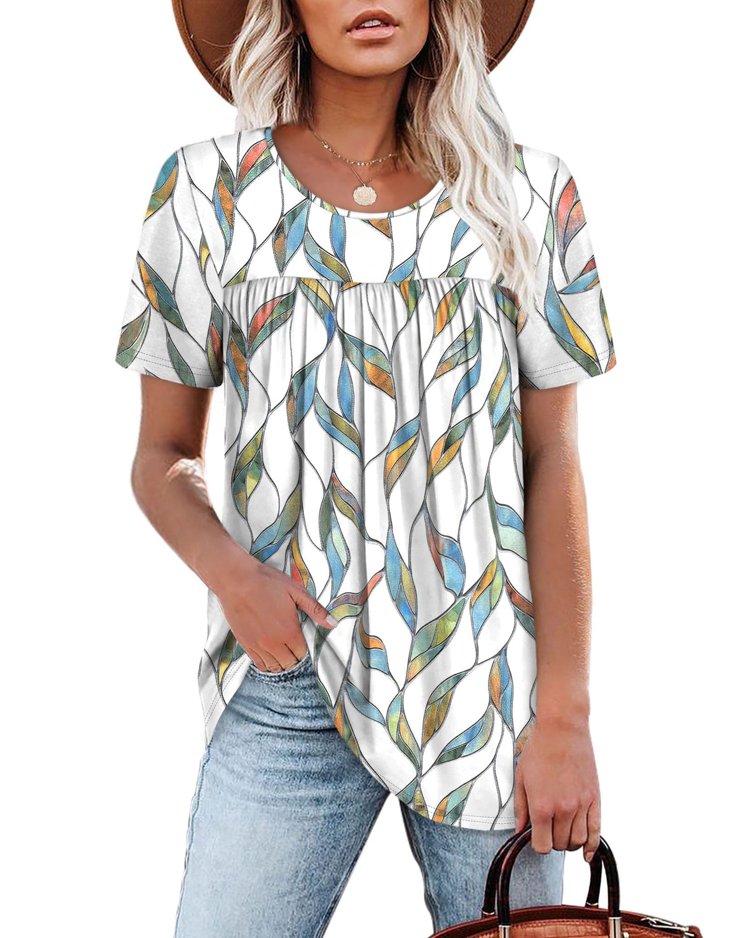 WIHOLL Womens Tops Short Sleeve T Shirts Pleated Dressy Casual Round Neck Summer Clothes Outfits Blouses Loose Fit - 7DAY'S