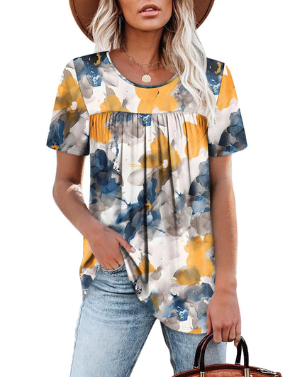 WIHOLL Womens Tops Short Sleeve T Shirts Pleated Dressy Casual Round Neck Summer Clothes Outfits Blouses Loose Fit - 7DAY'S