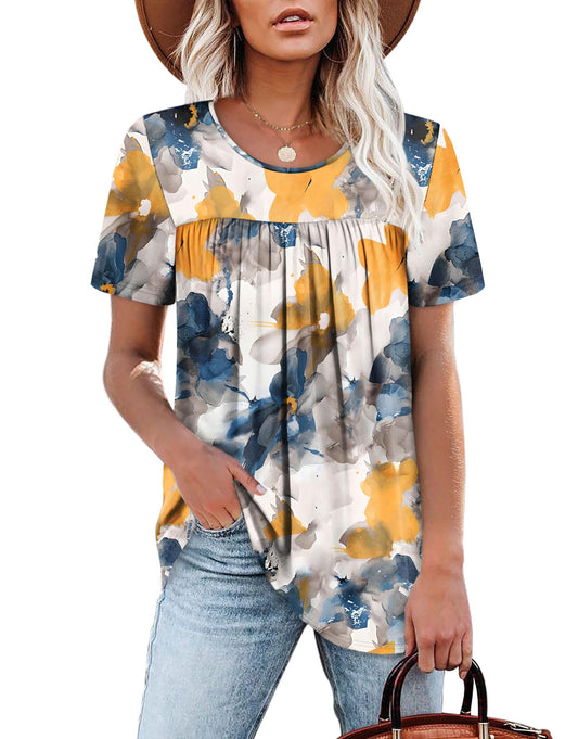 WIHOLL Womens Tops Short Sleeve T Shirts Pleated Dressy Casual Round Neck Summer Clothes Outfits Blouses Loose Fit - 7DAY'S