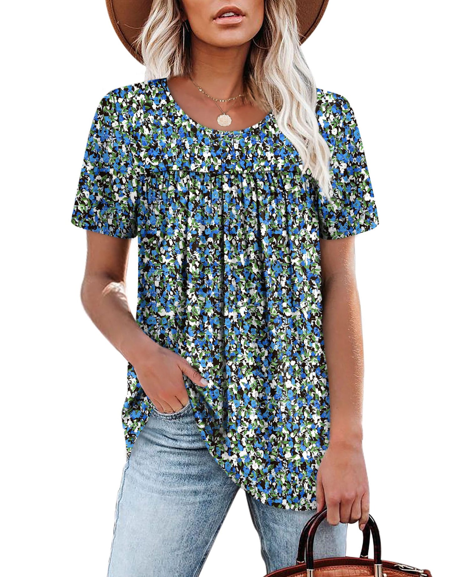 WIHOLL Womens Tops Short Sleeve T Shirts Pleated Dressy Casual Round Neck Summer Clothes Outfits Blouses Loose Fit - 7DAY'S