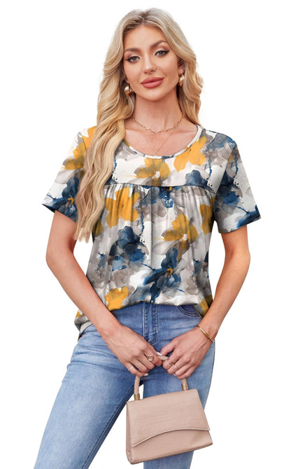 WIHOLL Womens Tops Short Sleeve T Shirts Pleated Dressy Casual Round Neck Summer Clothes Outfits Blouses Loose Fit - 7DAY'S