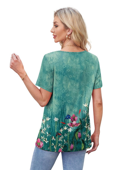 WIHOLL Womens Tops Short Sleeve T Shirts Pleated Dressy Casual Round Neck Summer Clothes Outfits Blouses Loose Fit - 7DAY'S