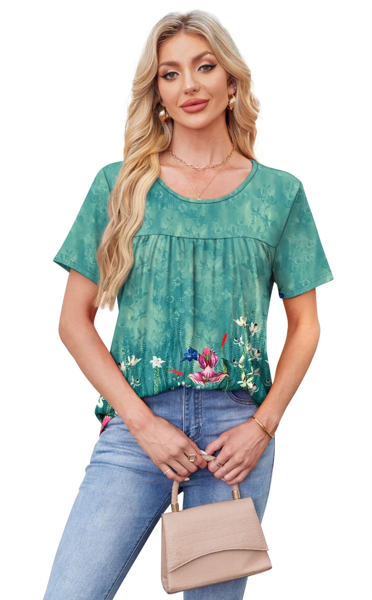 WIHOLL Womens Tops Short Sleeve T Shirts Pleated Dressy Casual Round Neck Summer Clothes Outfits Blouses Loose Fit - 7DAY'S