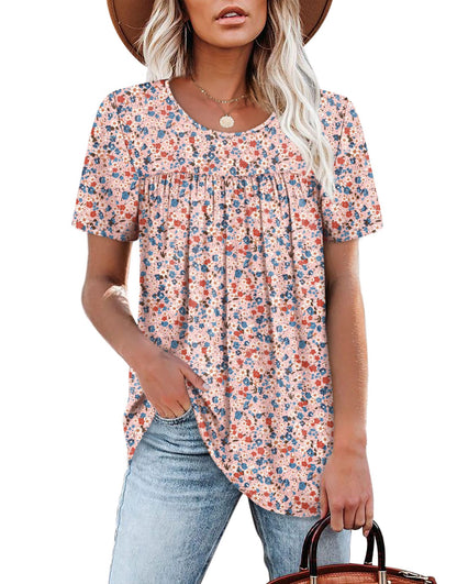 WIHOLL Womens Tops Short Sleeve T Shirts Pleated Dressy Casual Round Neck Summer Clothes Outfits Blouses Loose Fit - 7DAY'S